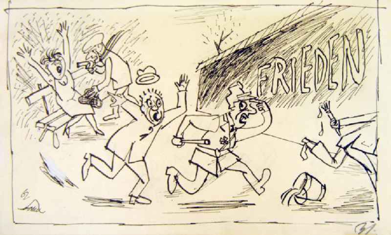 Zeichnung von Herbert Sandberg 'Frieden' aus dem Jahr 1962, 23,5x13,8cm Feder, handsigniert. Im Hintergrund: eine Frau sitzt auf einer Parkbank und wird von einem Mann mit Pistole überfallen, er raubt ihre Tasche, sie reißt die Arme in die Luft; im Vordergrund: ein Mann rennt einem Polizisten hinterher und zeigt auf den Überfall, der Polizist zeigt ihm einen Vogel und verfolgt eine Figur mit Pinsel und Farbeimer; rechts: eine Mauer/Hauswand auf der 'Frieden' geschrieben steht.