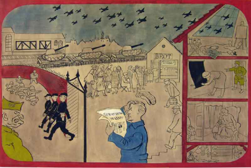 Zeichnung von Herbert Sandberg 'Der Traum von Bonn' aus dem Jahr 1952, 56,5x37,6cm Feder und Pinsel, handsigniert. In einer Stadt; links hinter einer Mauer: ein Mann in grüner Uniform ('US'), vier Personen in Uniform, mit Stahlhelm machen Kniebeuge, drei Männer in schwarzer Kleidung marschieren durch das Tor; mittig: einem Mann fliegt die Mütze vom Kopf, er liest in einer Zeitung 'Generalvertrag in Kraft!'; rechts, Blick in ein Haus: im Keller steht ein Doppelstockbett, Eimer, es rennen Ratten, im Erdgeschoss verlässt ein Mann mit Tasche die Tür, im Zimmer sitzt eine Frau im Sessel und weint, ihre zwei Kinder stehen neben ihr, im 1. Obergeschoss schließt eine Frau das Fenster mit einem schwarzen Rollo, ein Mann in grüner Uniform steht in der Tür und zeigt mit dem Finger darauf, im Dachgeschoss liegt ein Mann vor einer Staffelei auf dem Boden, in einer Hand eine Pistole, in der anderen ein Blatt Papier ('aus bitterer Not'); im Hintergrund: Menschen stehen Schlange vor einem Haus ('Brot', 'ausverkauft'), ein Bahnhof, drei Panzer auf je einem Zuganhänger; am Himmel fliegen viele Flugzeuge.