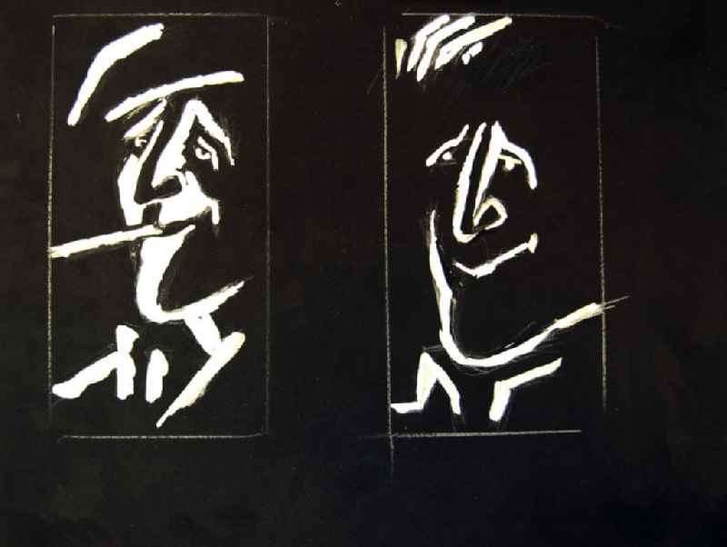 Entwurf von Herbert Sandberg zu den Holzschnitten 'Bertolt Brecht' 37,5x27,7cm Bleistift und Pinsel auf Pappe. Links: Brecht im Halbprofil mit Mütze raucht; rechts: Brecht im Halbprofil nah rechts.
