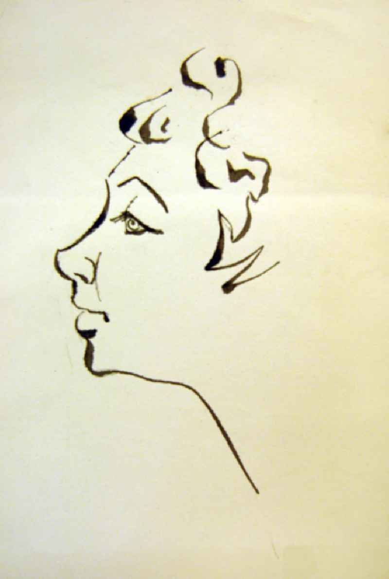 Zeichnung von Herbert Sandberg 'Frau im Profil' 9,5x18,5cm Feder und Pinsel. Eine junge Frau mit Locken im Profil.