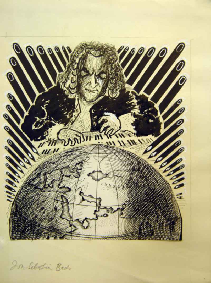 Zeichnung von Herbert Sandberg 'Johann Sebastian Bach' 19,8x21,3cm Collage aus Fotopapier, Feder und Pinsel. Johann Sebastian Bach (*März 1685 †28.07.175