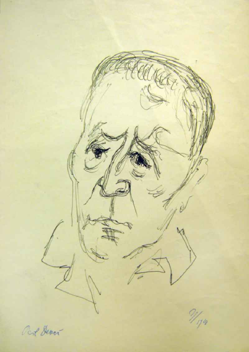 Skizze von Herbert Sandberg 'Paul Dessau' aus dem Jahr 1968, 13,0x20,7cm Kugelschreiber, handsigniert. Paul Dessau (*19.12.1894 †28.