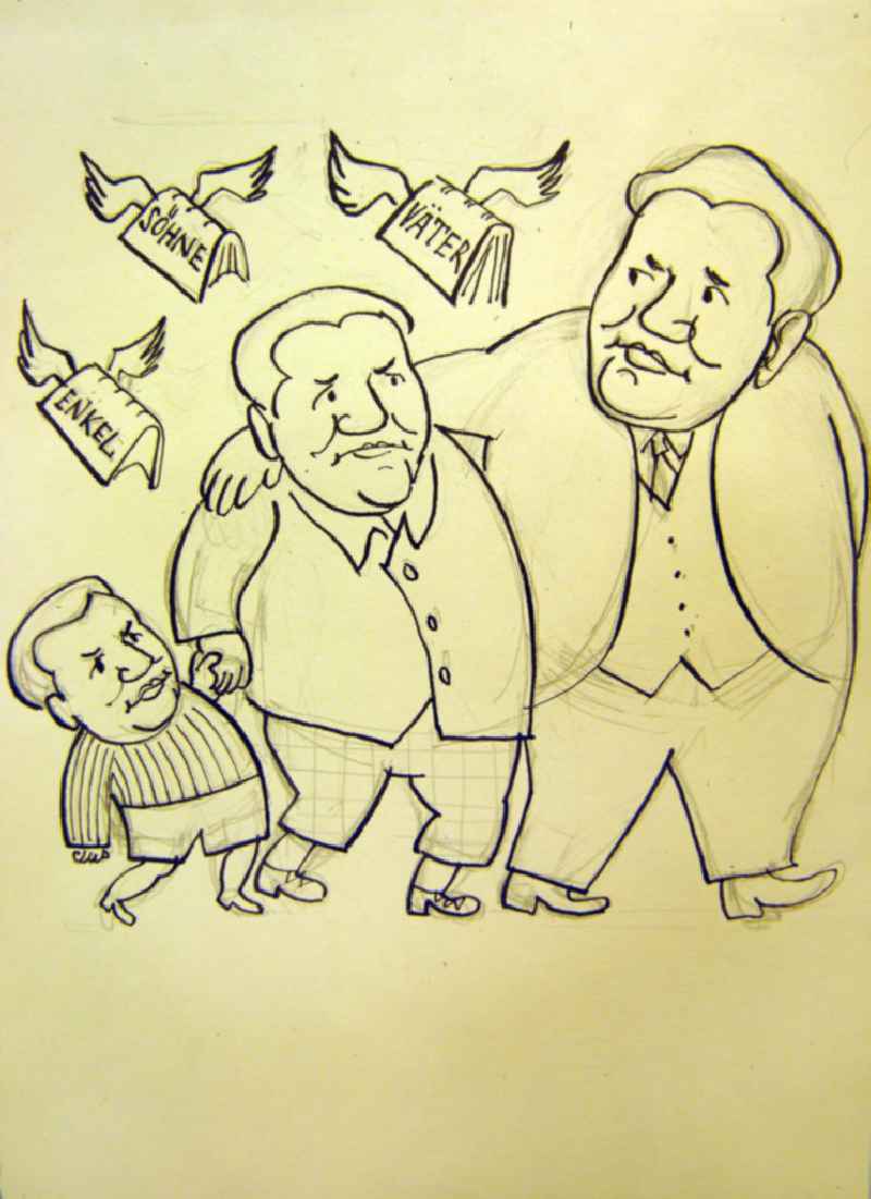 Zeichnung von Herbert Sandberg 'Enkel, Söhne, Väter', 21,6x20,