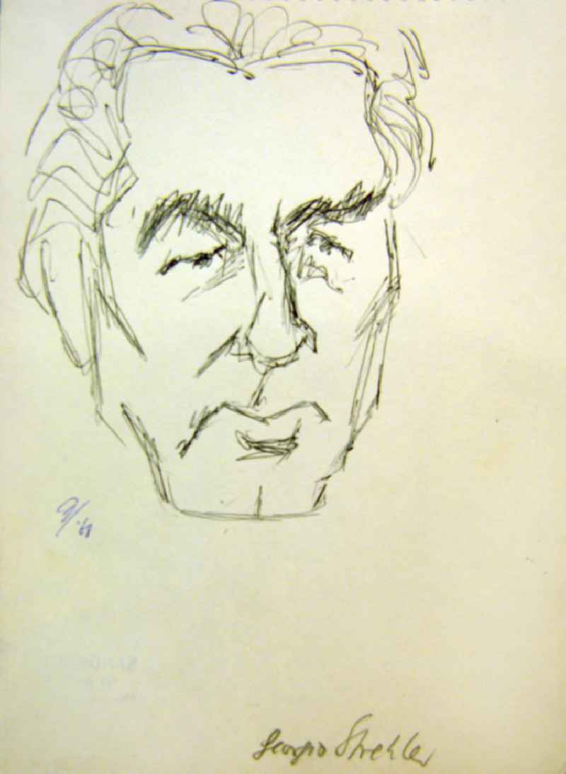 Skizze von Herbert Sandberg 'Giorgio Strehler' aus dem Jahr 1968, 12,5x15,5cm Kugelschreiber, handsigniert. Giorgio Strehler (*14.