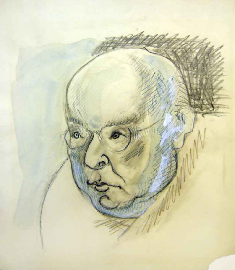 Zeichnung von Herbert Sandberg 'Eisler' 26,0x26,0cm Bleistift, Kugelschreiber und Pinsel. Hanns Eisler (*06.07.1898 †06.