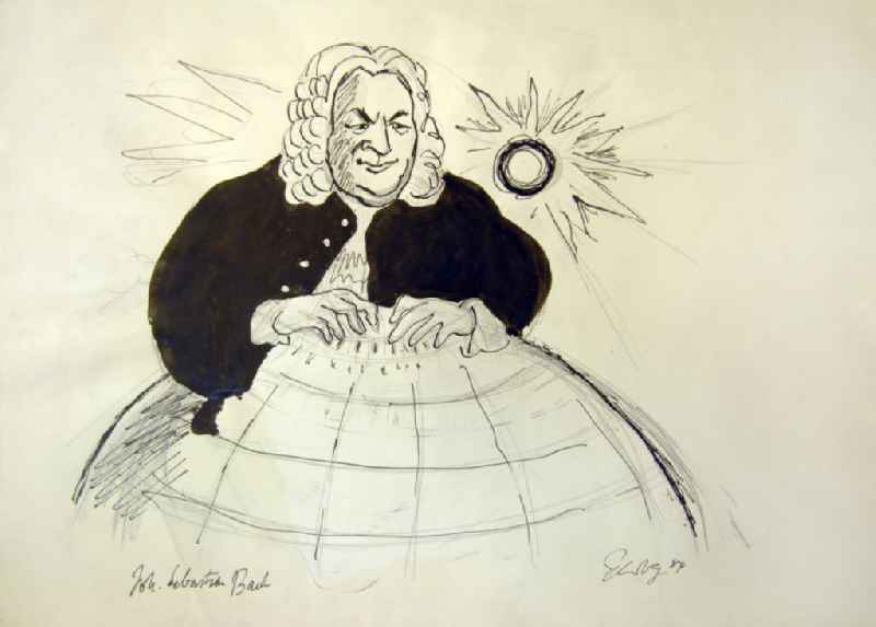 Zeichnung von Herbert Sandberg 'Johann Sebastian Bach' aus dem Jahr 1984, 33,0x26,5cm Bleistift, Feder und Pinsel, handsigniert. Johann Sebastian Bach (*März 1685 †28.07.175