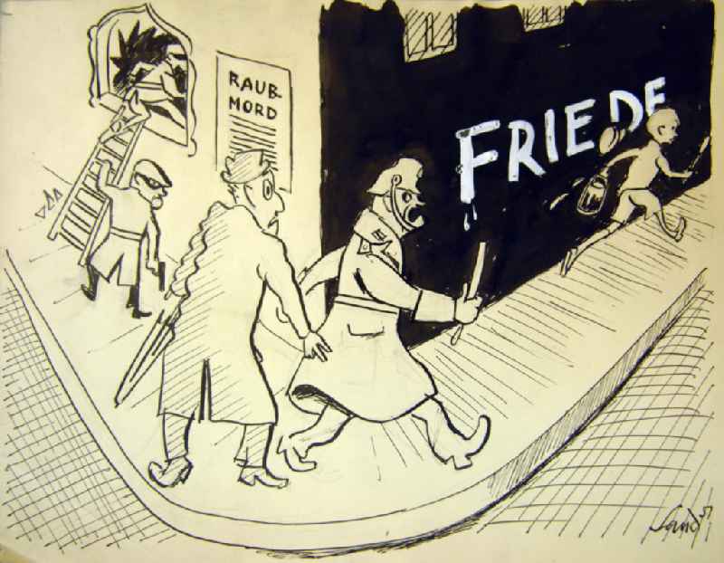 Zeichnung von Herbert Sandberg 'Raubmord/Friede' aus dem Jahr 1951, 31,8x25,