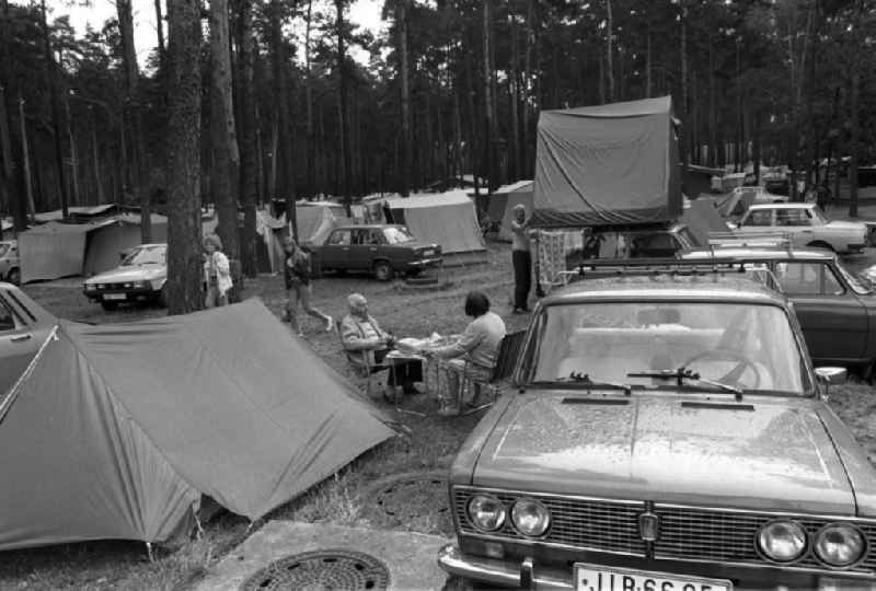 Blick über den Internationalen Campingplatz (Intercamping) am Krossinsee bei Schmöckwitz in Berlin-Köpenick, Zelte und Autos verschiedene Typen, wie ein Lada 2106, ein Trabant / Trabi 6