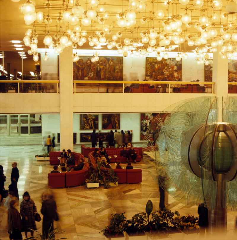 Reception area and foyer with a sculpture of the gas flower in the PdR Palace of the Republic in the district of Mitte in Berlin East Berlin on the territory of the former GDR, German Democratic Republic