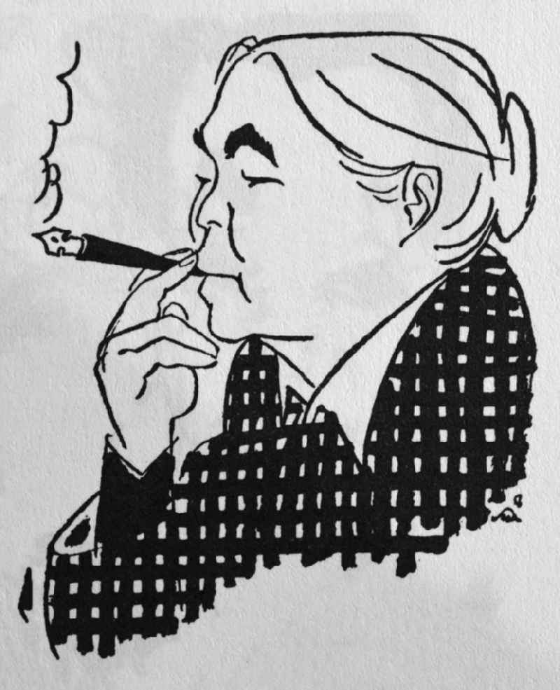 Skizze mit dem Portät der am Schreibstift ' rauchenden ' Anna Seghers von Herbert Sandberg