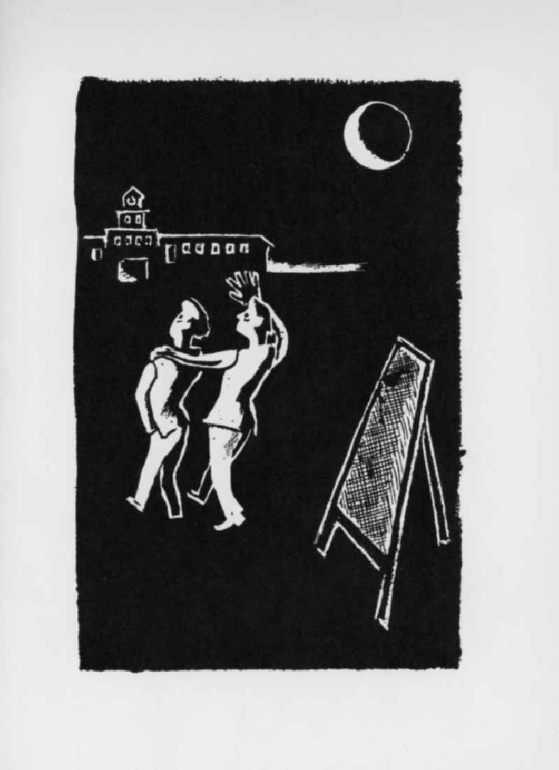 Woodcut ' Die Zukunft ' by Herbert Sandberg. Two men walk in the moonlight together towards the gate to the Buchenwald Concentration Camp. One puts his left arm around the other and waving his right arm towards the gate. Next to them is a soil sieve