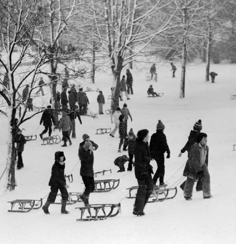 Children on a toboggan hill with sledge in Berlin