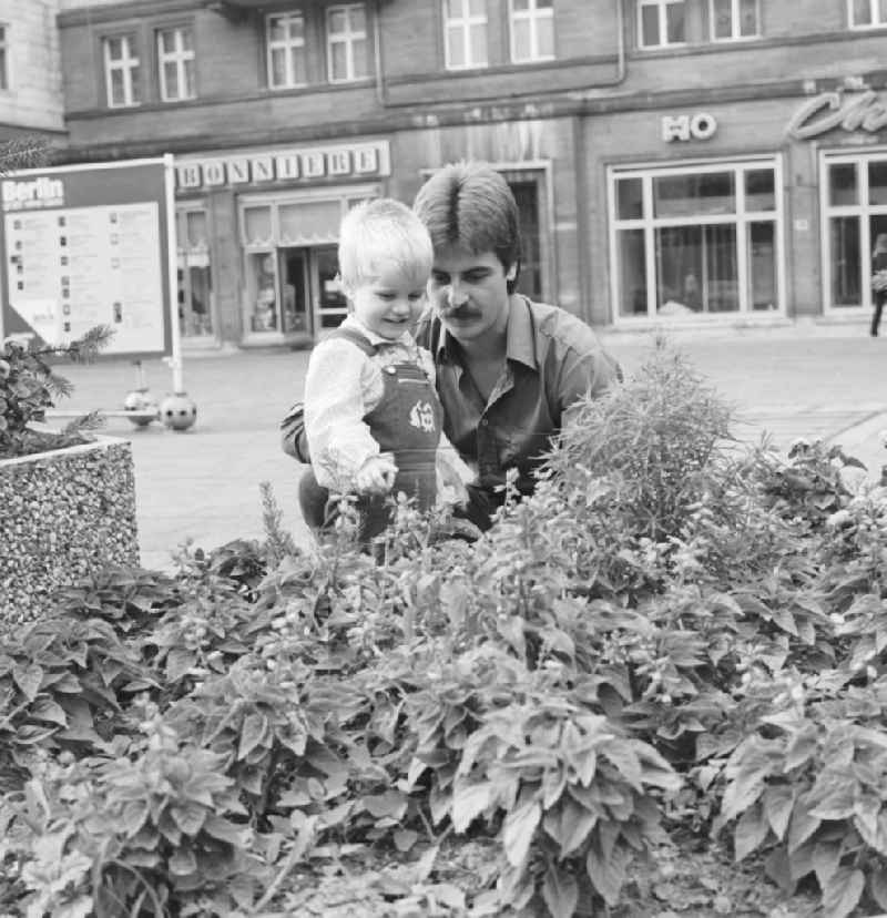 A father is holding his child in front of a flower bed in the Karl-Marx-Allee in Berlin, the former capital of the GDR, the German Democratic Republic