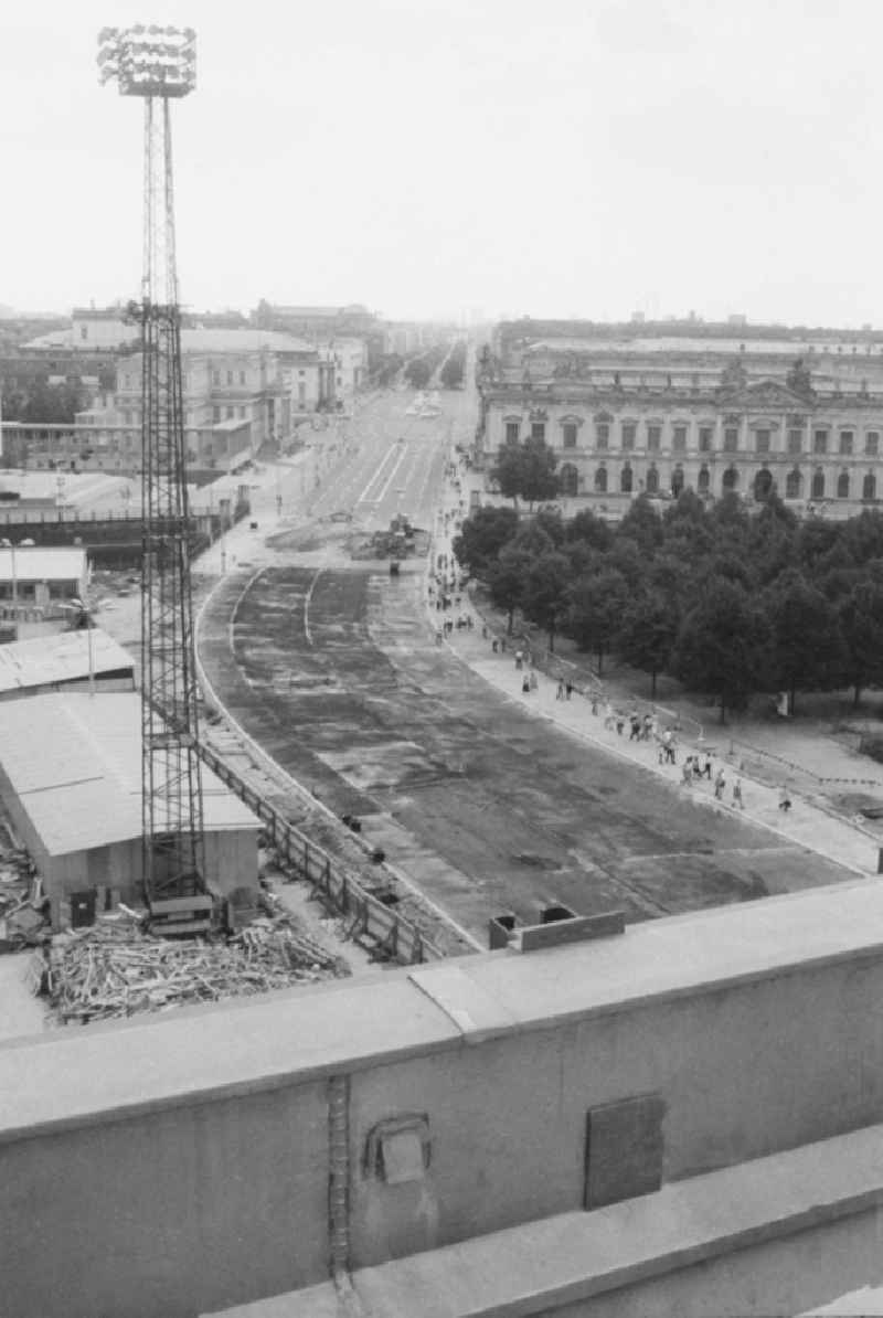 View from the Palace of the Republic in the direction of 'Unter der Linden' in Berlin, the former capital of the GDR, the German Democratic Republic. Links Ministry of Foreign Affairs, 'the Crown Prince's Palace and the State Opera. Right the armory
