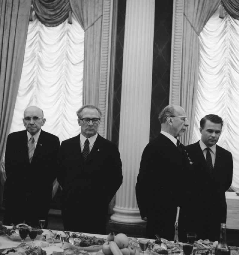 Reception on the occasion of the 26th anniversary of liberation from fascism in the Embassy of the Union of Soviet Socialist Republics (USSR) in Berlin, the former capital of the GDR, the German Democratic Republic. From right to left: unknown, the Chairman of the State Council of the GDR Walter Ulbricht Paul Ernst (1893 - 1973), the First Secretary of the Central Committee Erich Honecker (1912 - 1994), unknown