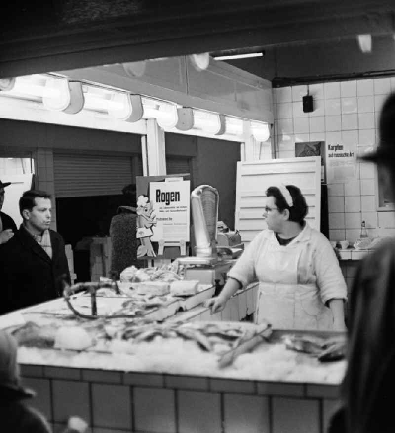 Fish stand in the market hall on Alexanderplatz in Berlin, the former capital of the GDR, the German Democratic Republic