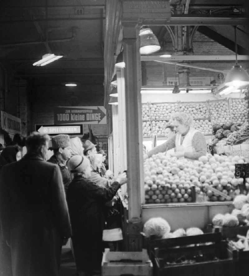 Produce Stand in the Central Market Hall on Alexanderplatz in Berlin-Mitte, the former capital of the GDR, the German Democratic Republic