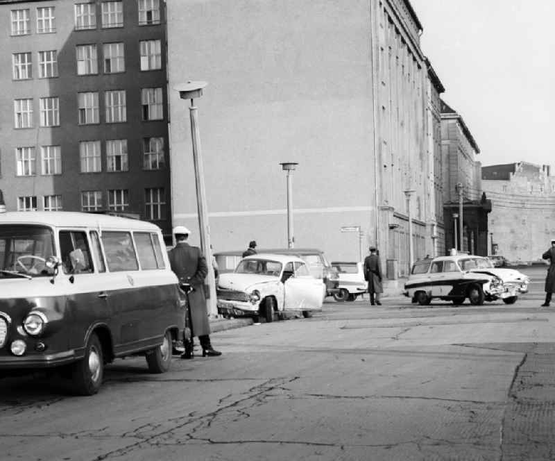 Traffic accident in Berlin, the former capital of the GDR, the German Democratic Republic. A Wartburg 311 is frontally crashed into a lantern
