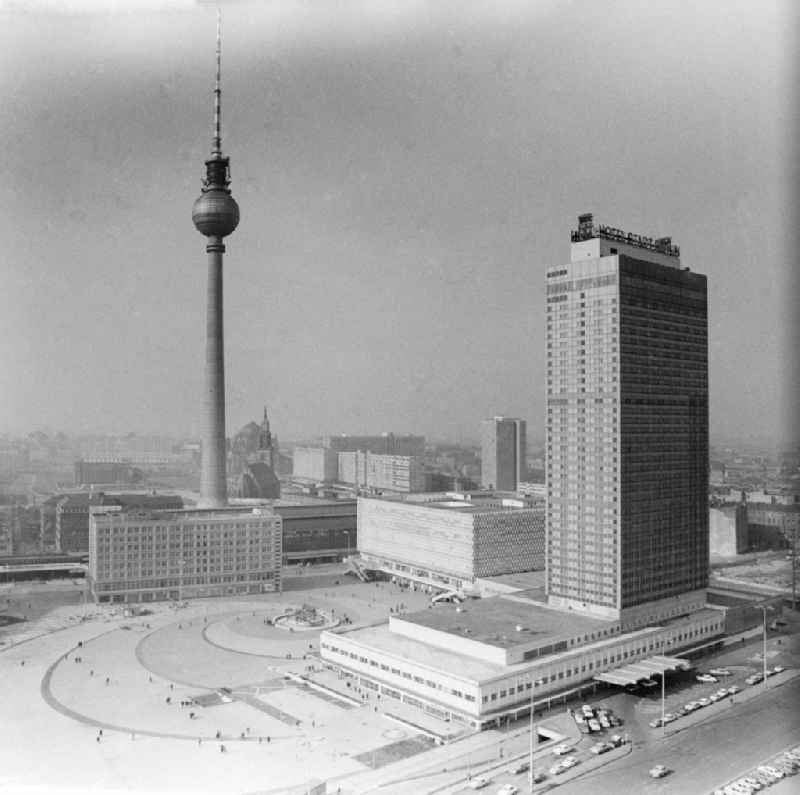 Overlooking the Alexanderplatz with the 'Hotel Stadt Berlin', the Centrum department store, the Fountain of International Friendship, the Alexanderplatz station and the TV tower in Berlin, the former capital of the GDR, the German Democratic Republic