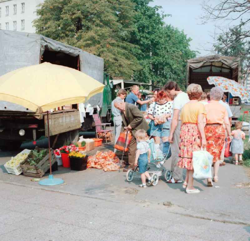Fruit and vegetable sale at a market in Berlin, the former capital of the GDR, German Democratic Republic