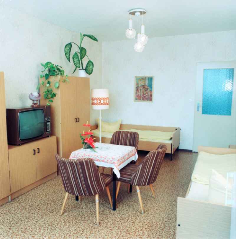 Furnished Room in workers' hostel at the Lenin Avenue, today Landsberger Allee, corner Ho Chi Minh road, today Weissenseer way in Berlin, the former capital of the GDR, German Democratic Republic. Today it is the Holiday Inn Hotel Berlin City East