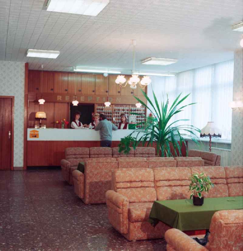 Reception Area in workers' hostel at the Lenin Avenue, today Landsberger Allee, corner Ho Chi Minh road, today Weissenseer way in Berlin, the former capital of the GDR, German Democratic Republic. Today it is the Holiday Inn Hotel Berlin City East