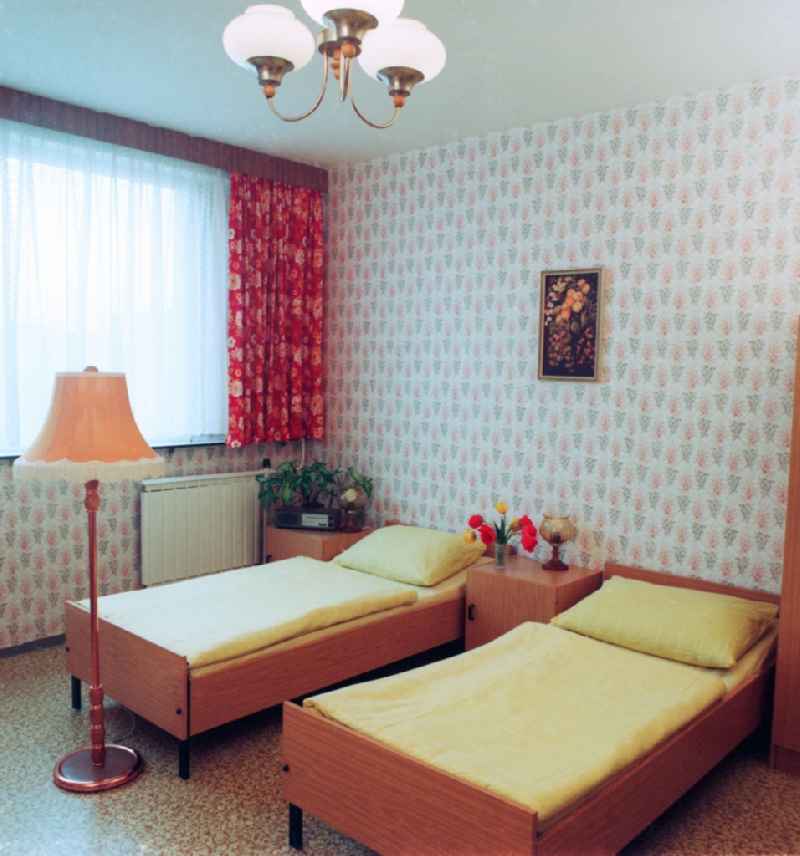 Room in workers' hostel at the Lenin Avenue, today Landsberger Allee, corner Ho Chi Minh road, today Weissenseer way in Berlin, the former capital of the GDR, German Democratic Republic. Today it is the Holiday Inn Hotel Berlin City East