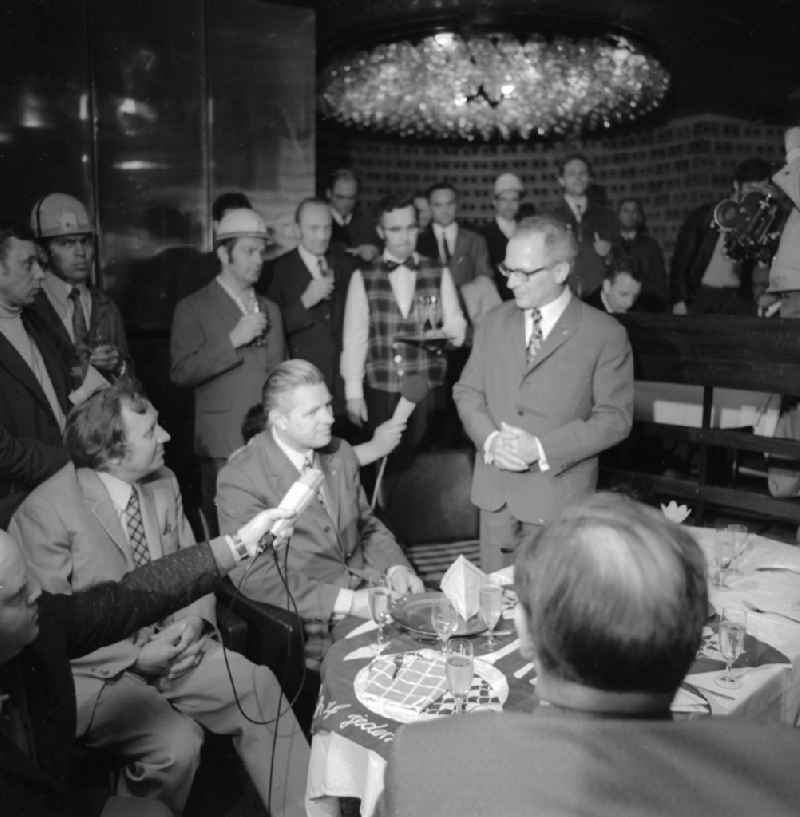 Erich Honecker, secretary general of the central committee ZK of the SED socialist united party of Germany and chairpersons of the council of state to guest by a fish restaurant in Berlin, the former capital of the GDR, German democratic republic