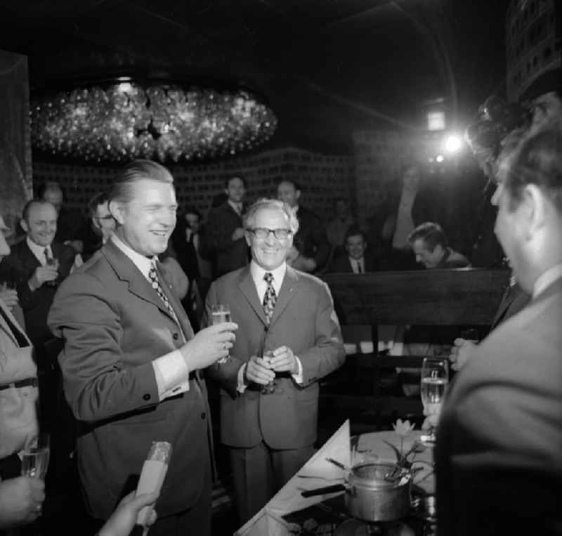 Erich Honecker, secretary general of the central committee ZK of the SED socialist united party of Germany and chairpersons of the council of state to guest by a fish restaurant in Berlin, the former capital of the GDR, German democratic republic