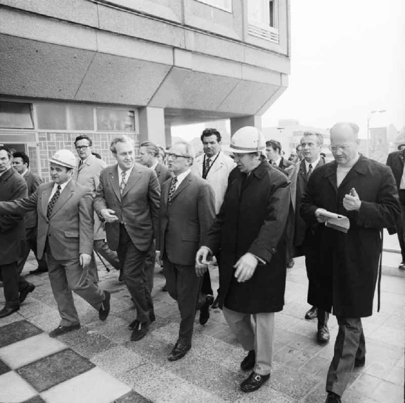 Erich Honecker, secretary general of the central committee ZK of the SED socialist united party of Germany and chairpersons of the council of state visited building sites and facilities of the house building in the capital of Berlin, the former capital of the GDR, German democratic republic. Here in the Berlin television tower in the centre of the East Berlin