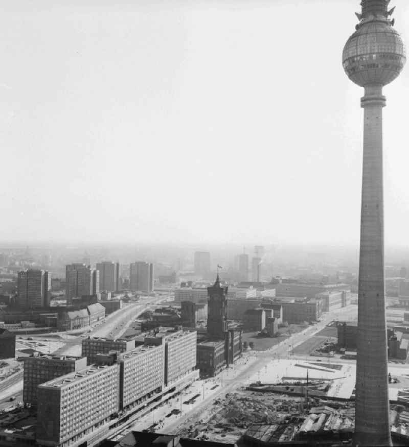 The Berlin television tower, the red city hall and the city hall passages in Berlin, the former capital of the GDR, German democratic republic