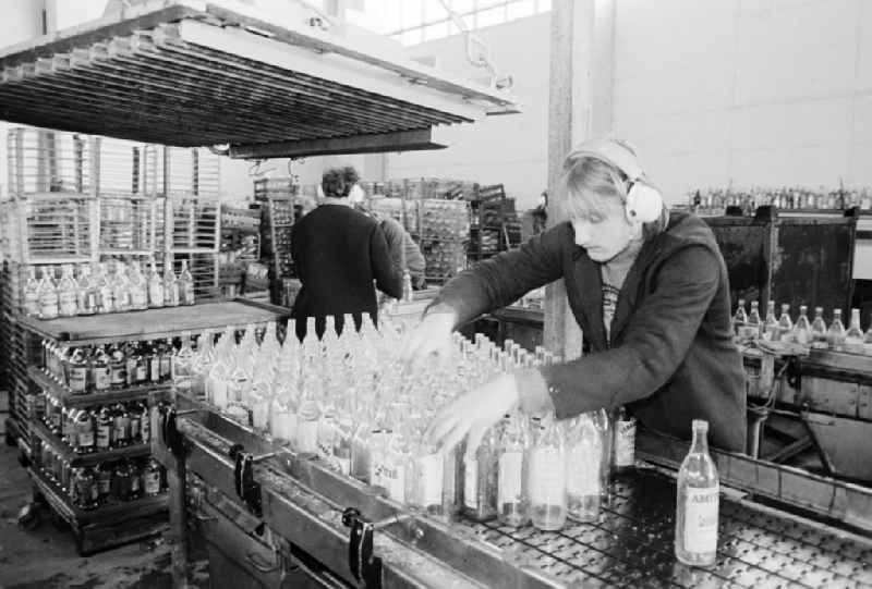 Valuable material separation in the combine VEB secondary raw material capture (SERO) in Berlin, the former capital of the GDR, German democratic republic. Employees sort here old glass bottles about a conveyor belt run. After the turn the Alba daughter Abfallwirtschaftsunion (AWU) took over the company in meal village