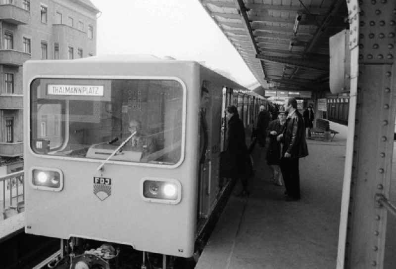 Underground train in the railway station Schoenhauser avenue in Berlin, the former capital of the GDR, German democratic republic