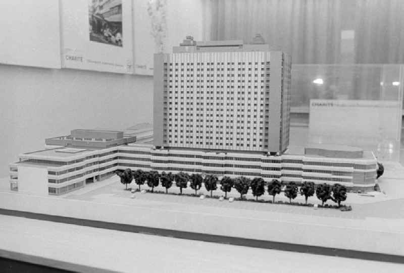 Model of the large-scale project „new building and reconstruction  of the university medical centre of the Humboldt's university to Berlin“ with the bed high rise and other clinical facilities of the Charite in Berlin, the former capital of the GDR, German democratic republic