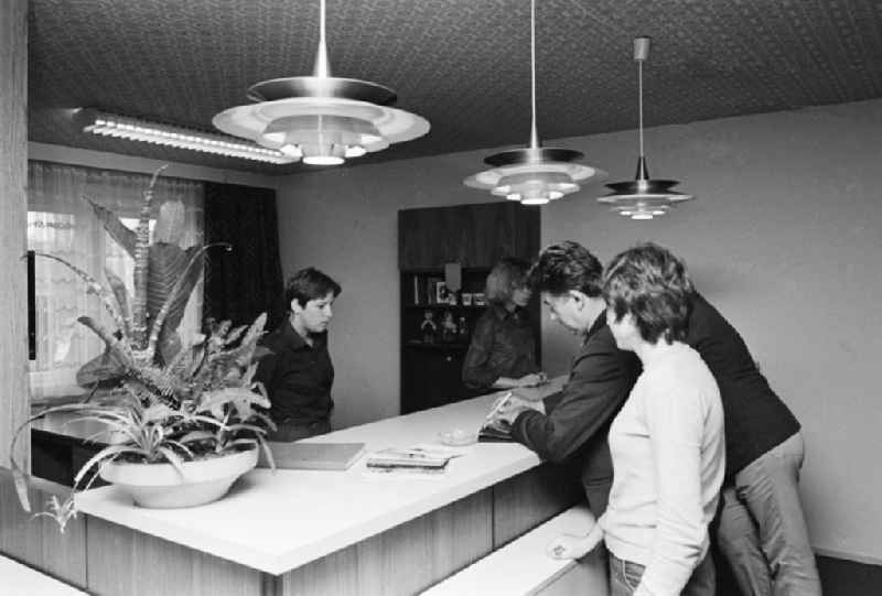 Reception at the youth tourist's hotel 'Egon Schultz' in the animal park in Berlin, the former capital of the GDR, German democratic republic. Today one says animal park ABACUS hotel