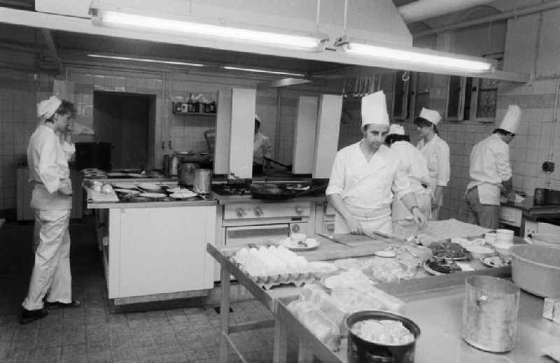 View in the kitchen of the rathskeller Koepenick - restaurant, jazz cellar, theatre with regional and modern German kitchen in Berlin, the former capital of the GDR, German democratic republic