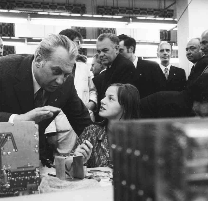 Konrad Naumann (1928-1992), 1st secretary of the district management SED Berlin and member of the Politburo of the central committee of the SED in the GDR, for visit in the radio work VEB Koepenick in Berlin, the former capital of the GDR, German democratic republic