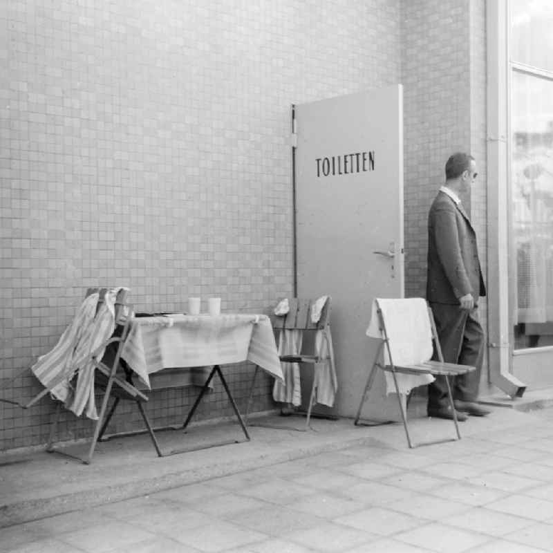 Public toilet in the Mueggelturm in Berlin, the former capital of the GDR, German democratic republic The adjoining catering trade area contained beside a restaurant also solar terraces