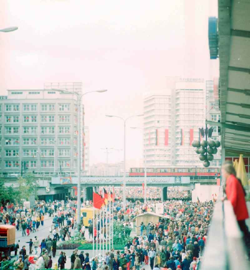 Festively decorated with flags for the Day of the Republic at Alexanderplatz in Berlin, the former capital of the GDR, German Democratic Republic