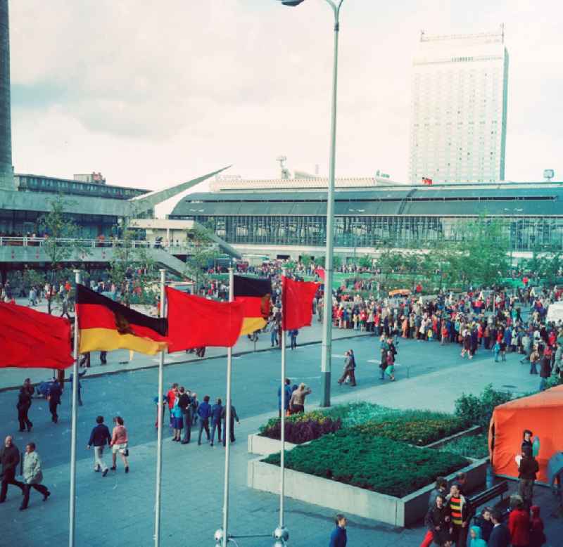 Festively decorated with flags for the Day of the Republic at Alexanderplatz in Berlin, the former capital of the GDR, German Democratic Republic