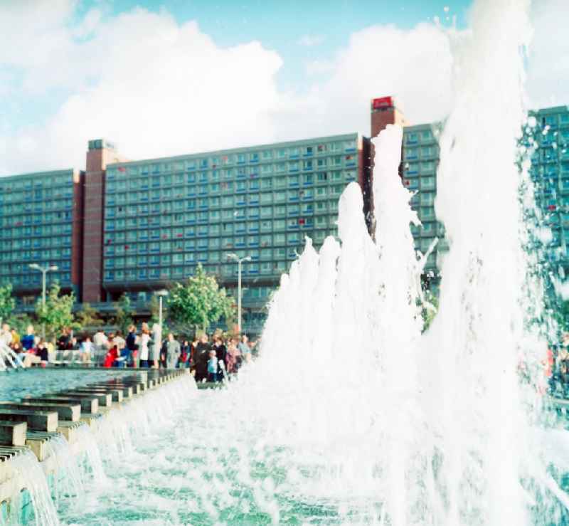 Water fountains from the fountain at the foot of the television tower in Berlin, the former capital of the GDR, German Democratic Republic