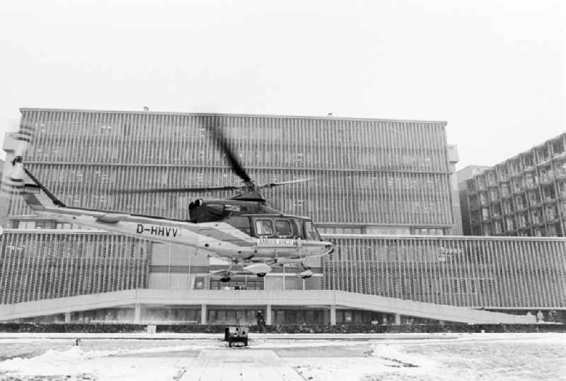 Rescue helicopter with the identification D-HHVV on the campus Benjamin Franklin (CBF)in Berlin, Federal Republic of Germany