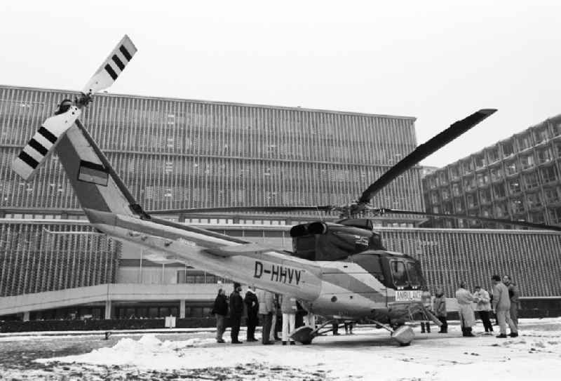 Rescue helicopter with the identification D-HHVV on the campus Benjamin Franklin (CBF)in Berlin, Federal Republic of Germany