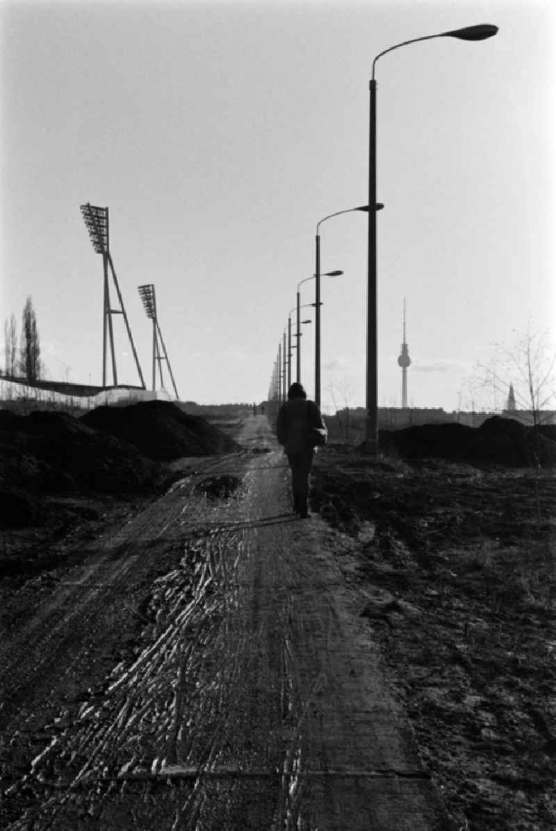 Former course of the Berlin Wall at the Friedrich-Ludwig-Jahn-Sportpark (also Jahnsportpark, Jahn-Sportpark, Jahnstadion or Cantianstadion) in Berlin - Prenzlauer Berg, the former capital of the GDR, German Democratic Republic