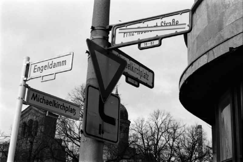 A new street sign shows the renaming of Fritz-Heckert-Strasse in Engeldamm on the corner Michaelkirchplatz in Berlin - Mitte, the former capital of the GDR, German Democratic Republic