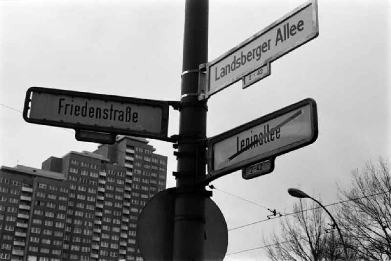 A new street sign shows the renaming of Leninallee in Landsberger Allee on the corner Friedenstrasse in Berlin - Friedrichshain, the former capital of the GDR, German Democratic Republic