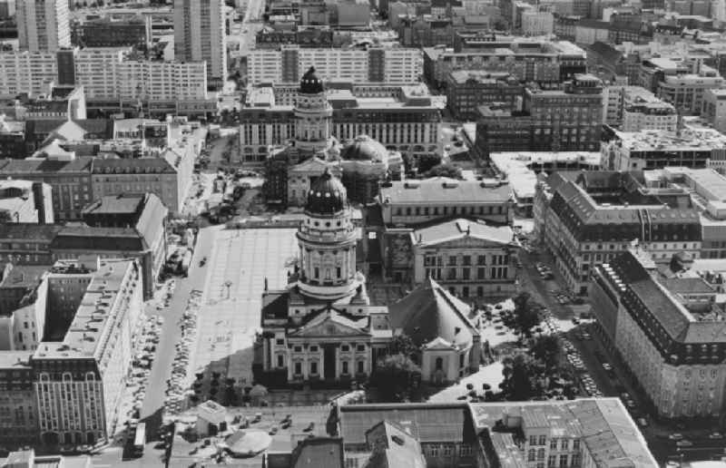 Aerial view of the Place area Gendarmenmarkt with the building ensemble concert hall, cathedral Franzoesischer Dom and Deutscher Dom in the district Mitte in Berlin, the former capital of the GDR, German Democratic Republic