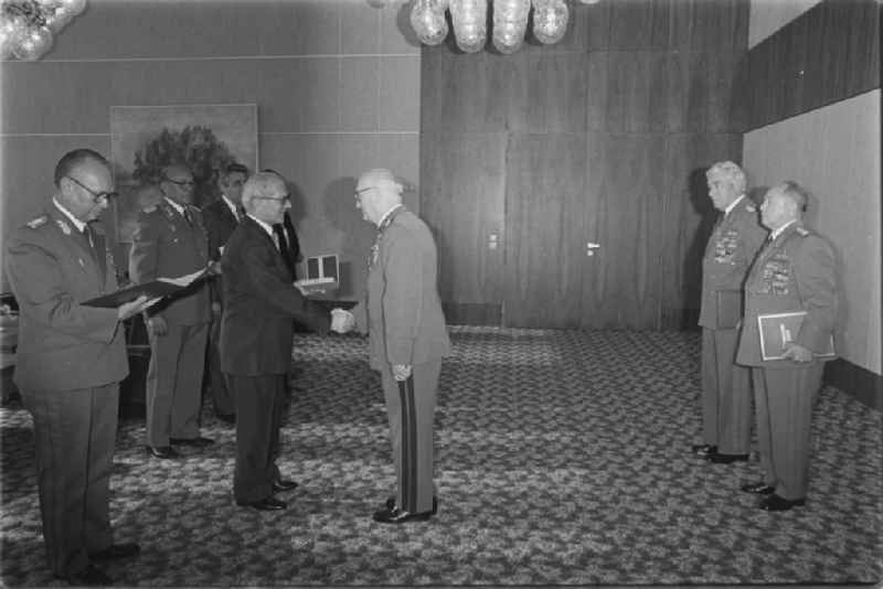 Promotion and award hand over by Erich Honecker an Erich Mielke und Heinz Hoffmann in the district Mitte in Berlin, the former capital of the GDR, German Democratic Republic