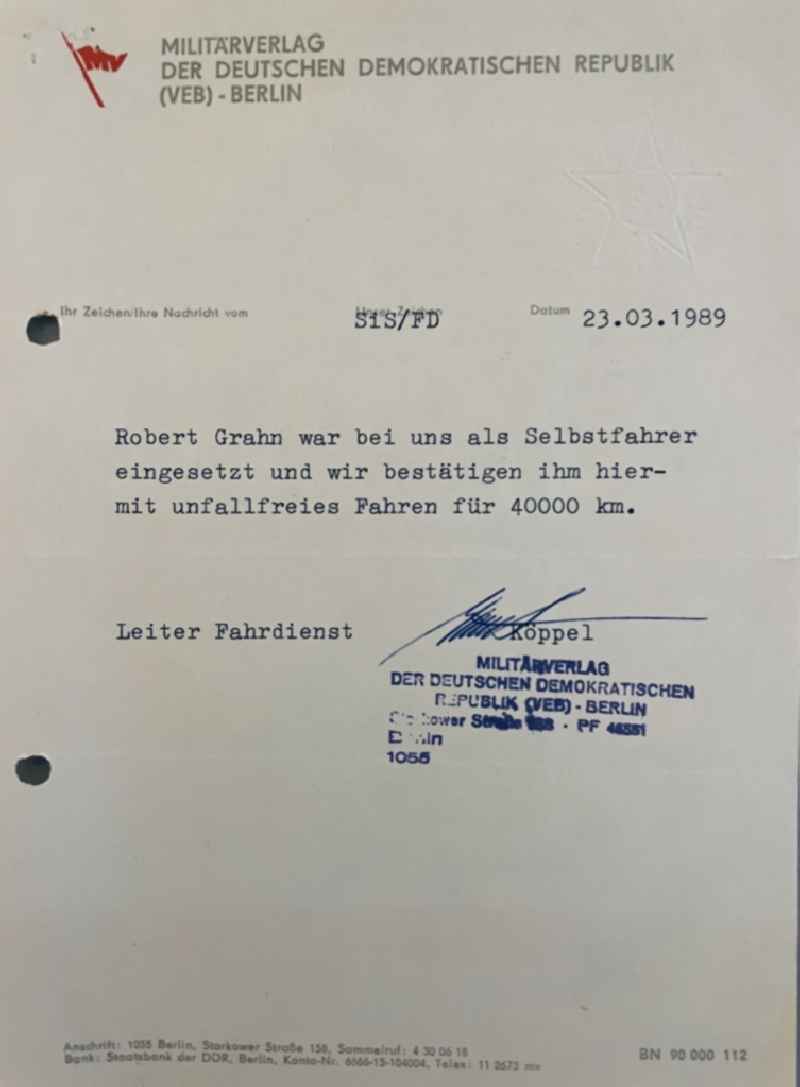 Reproduction Certificate for accident-free driving issued in Berlin, the former capital of the GDR, German Democratic Republic