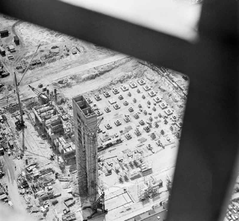 View of the construction work at Alexanderplatz from the construction site of the Berlin TV Tower in the district Mitte in Berlin, the former capital of the GDR, German Democratic Republic